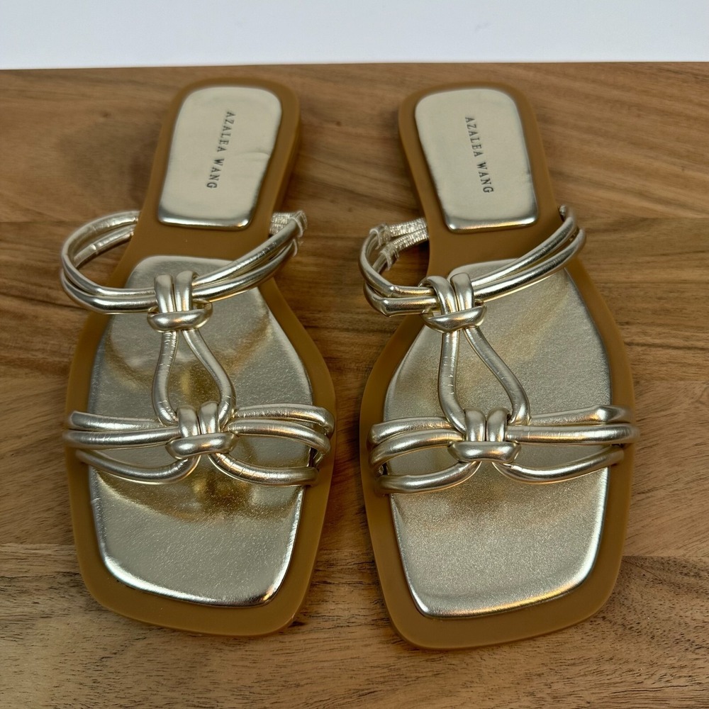 New NWOB Womens Azalea Wang Stetson Gold Metallic Leather Slides Sandals Size 10